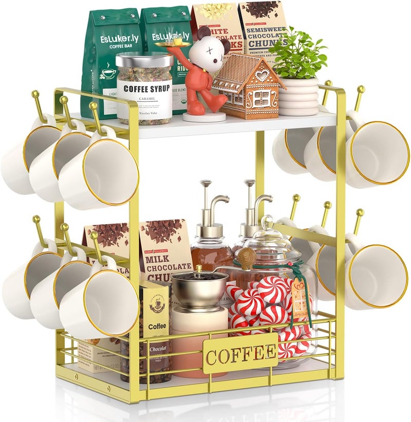 EsLuker.ly Coffee Mug Cup Holder Tree Bar Station Organizer, 2 Tier Mug Stand Rack for Countertop Kitchen, Storage Tower Display Shelf with 12 Hooks, Coffee Nook Enhancer, White-Gold - Image 1